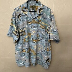 North‎ Peak Mens Large Performance Sailboat Sea Fishing Print Shirt Blue